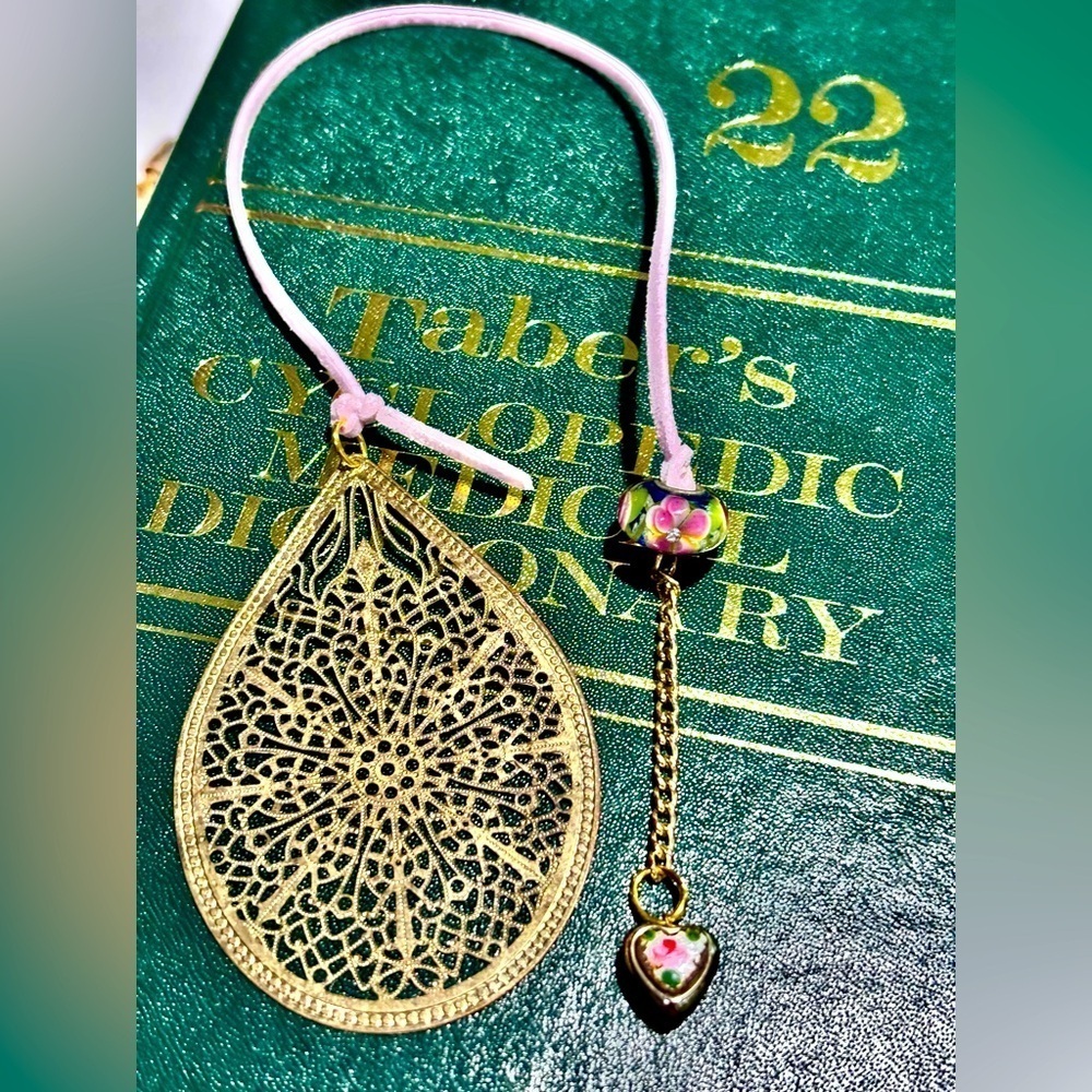 One of the kind Gold tone Filigree bookmark Pink Cord and a delicate heart charm